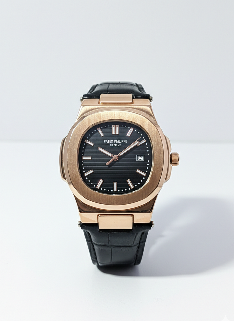 Patek Philippe Nautilus Rose Gold with Black Leather Strap